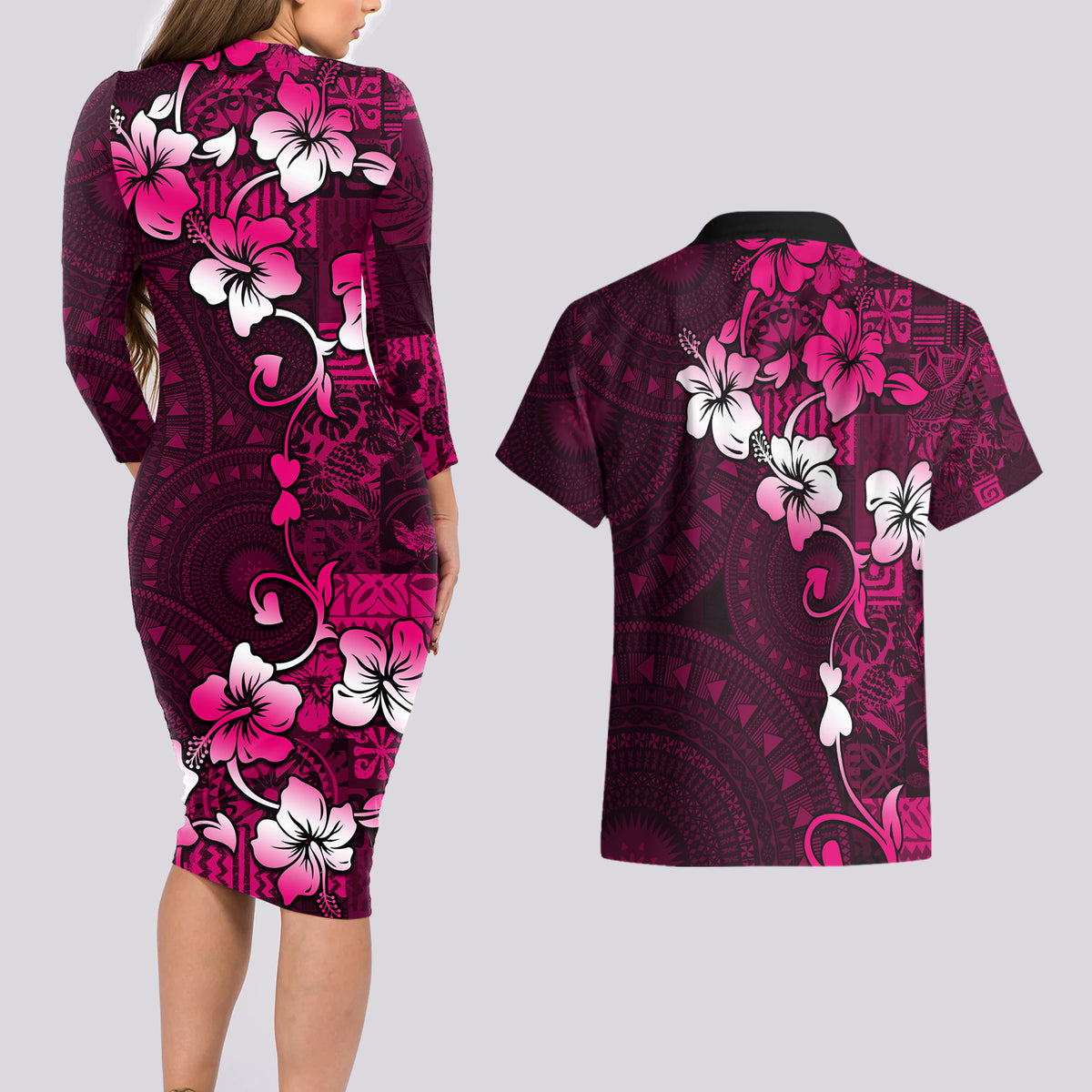 Fiji Masi Couples Matching Long Sleeve Bodycon Dress and Hawaiian Shirt Fijian Hibiscus Tapa Pink Version LT01 - Polynesian Pride
