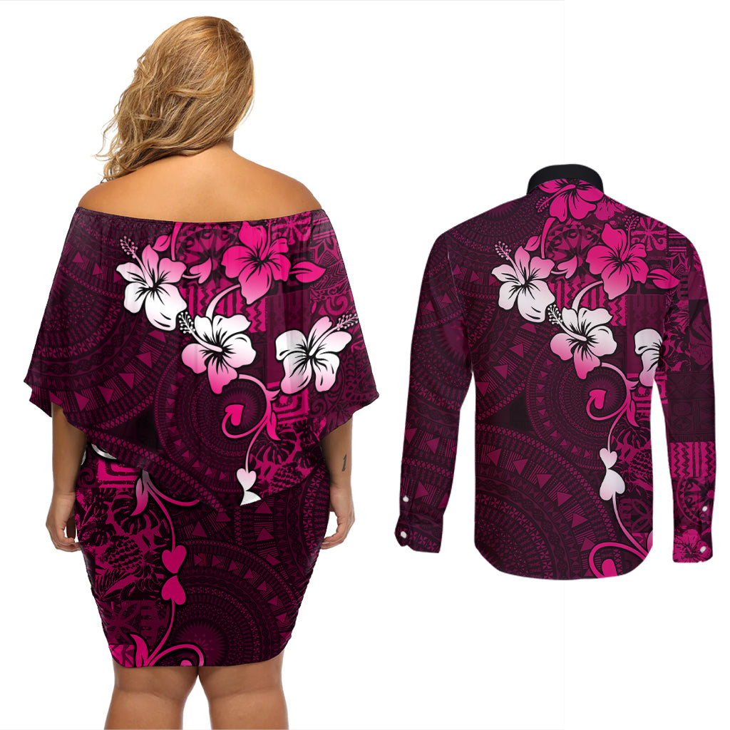 Fiji Masi Couples Matching Off Shoulder Short Dress and Long Sleeve Button Shirt Fijian Hibiscus Tapa Pink Version LT01 - Polynesian Pride