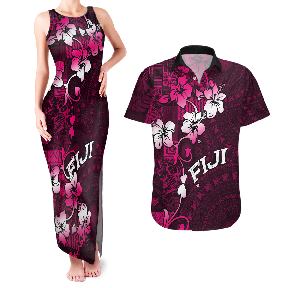 Fiji Masi Couples Matching Tank Maxi Dress and Hawaiian Shirt Fijian Hibiscus Tapa Pink Version LT01 Pink - Polynesian Pride