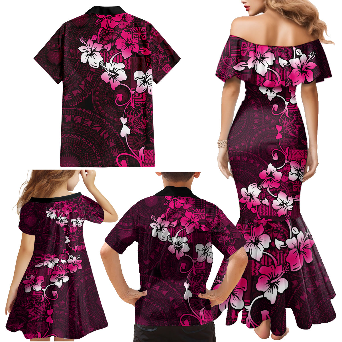 Fiji Masi Family Matching Mermaid Dress and Hawaiian Shirt Fijian Hibiscus Tapa Pink Version LT01 - Polynesian Pride