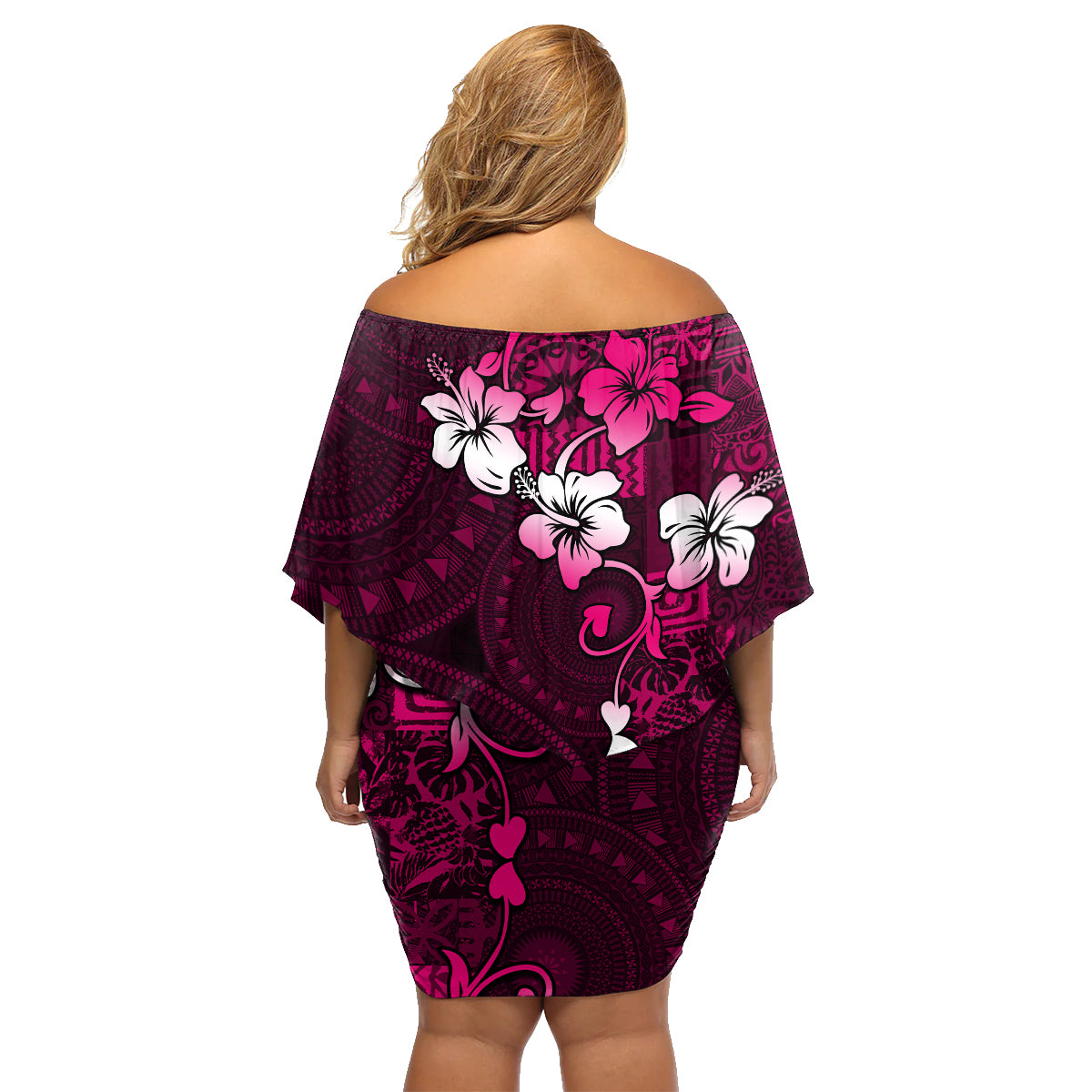 Fiji Masi Family Matching Off Shoulder Short Dress and Hawaiian Shirt Fijian Hibiscus Tapa Pink Version LT01 - Polynesian Pride