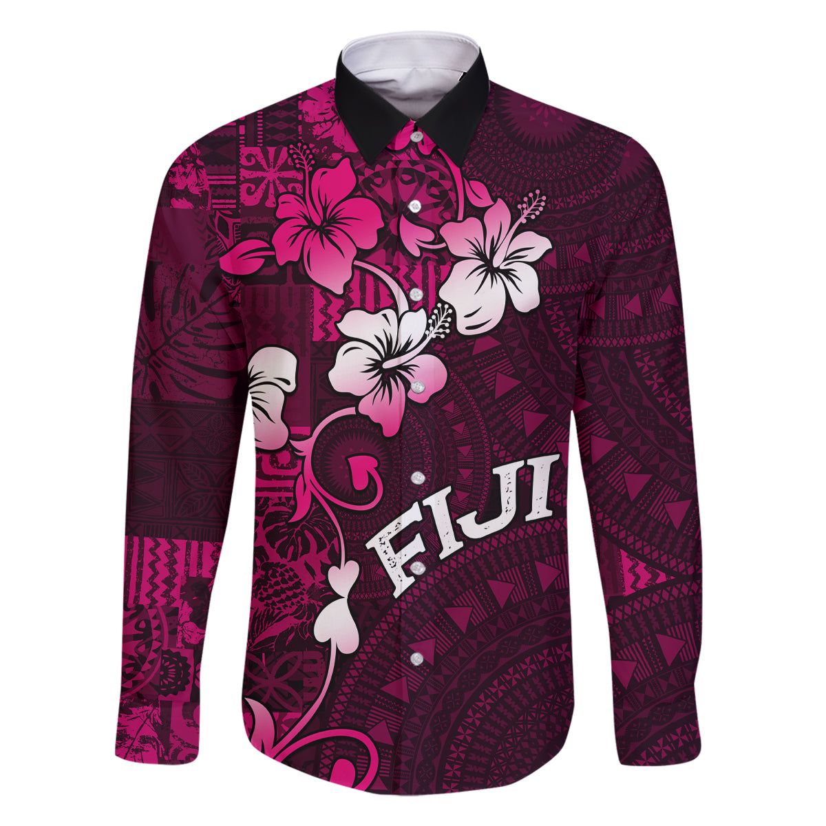 Fiji Masi Family Matching Tank Maxi Dress and Hawaiian Shirt Fijian Hibiscus Tapa Pink Version LT01 Dad's Shirt - Long Sleeve Pink - Polynesian Pride
