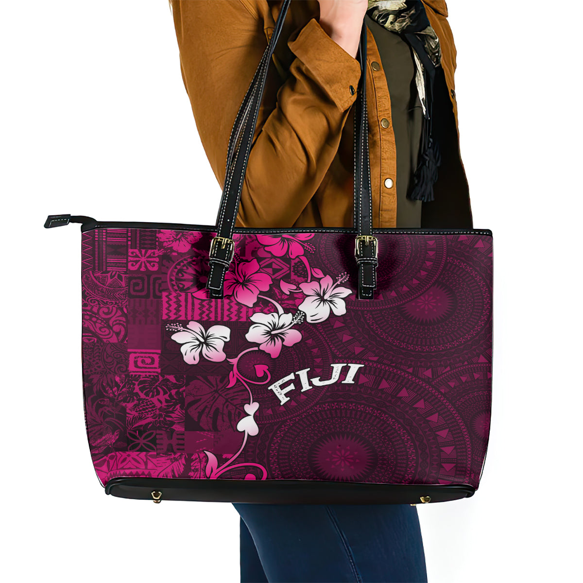 Fiji Masi Leather Tote Bag Fijian Hibiscus Tapa Pink Version LT01 - Polynesian Pride