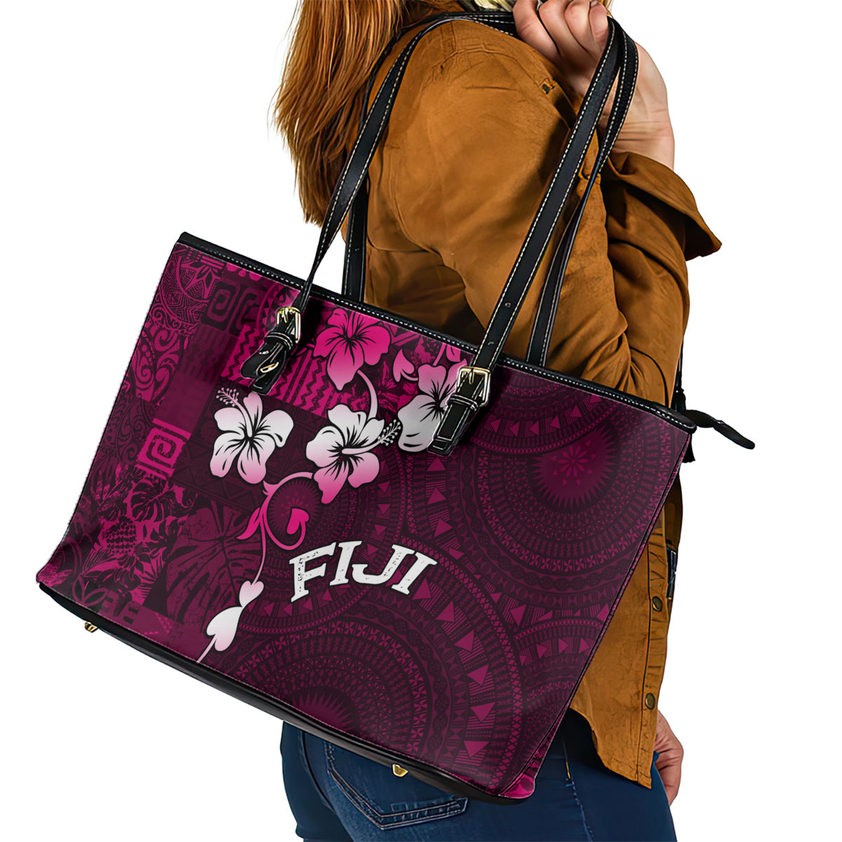 Fiji Masi Leather Tote Bag Fijian Hibiscus Tapa Pink Version LT01 - Polynesian Pride