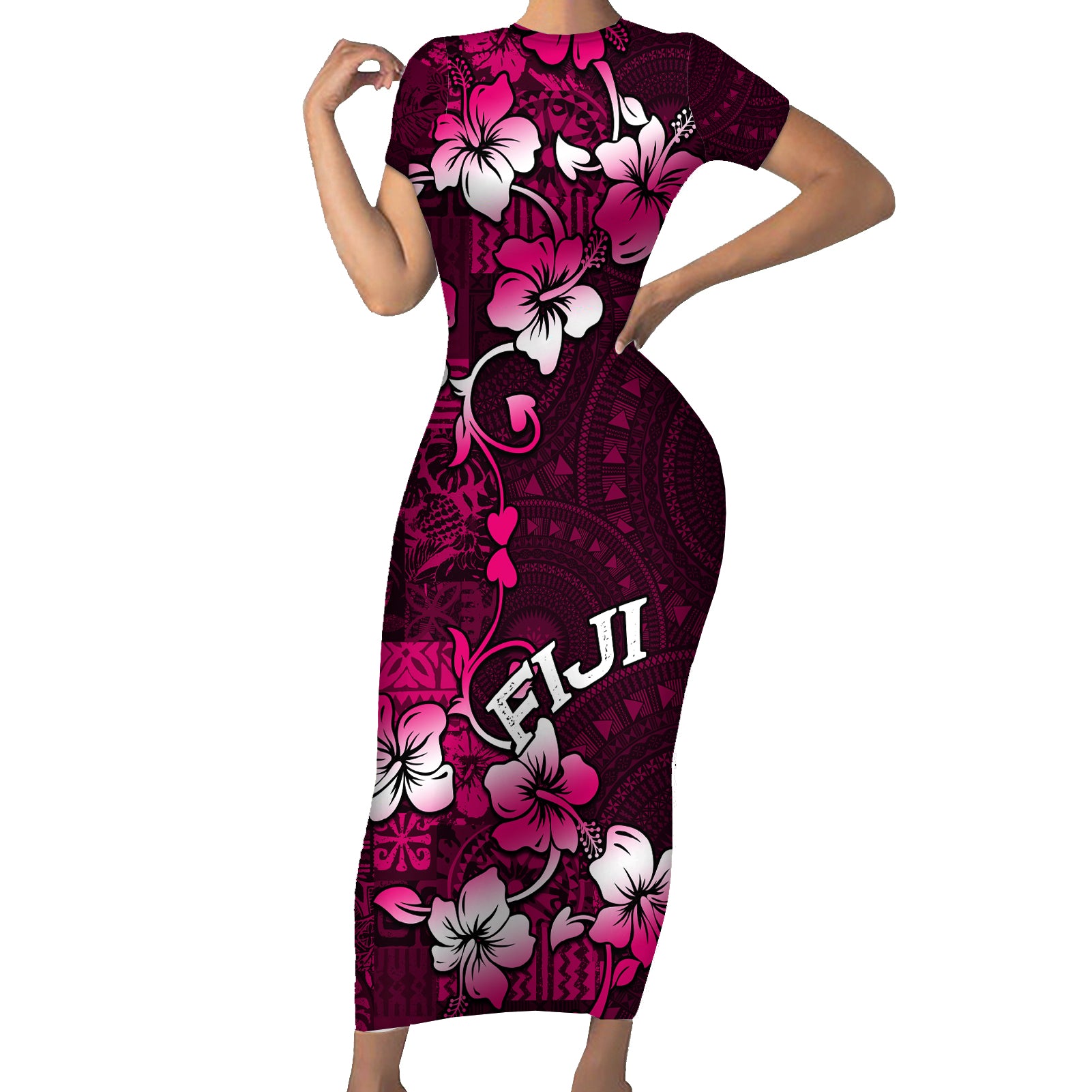 Fiji Masi Short Sleeve Bodycon Dress Fijian Hibiscus Tapa Pink Version LT01 Long Dress Pink - Polynesian Pride