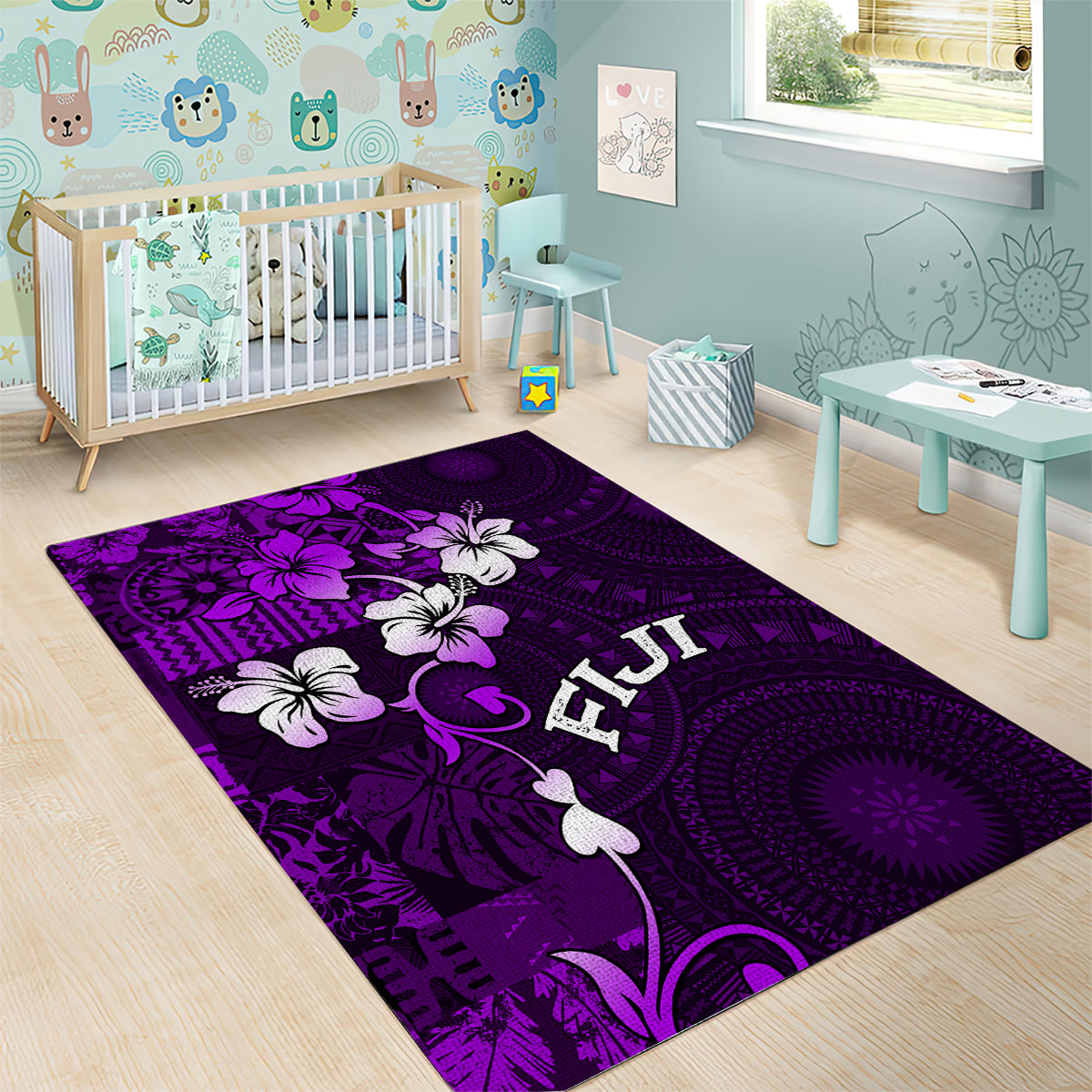 Fiji Masi Area Rug Fijian Hibiscus Tapa Purple Version LT01 - Polynesian Pride