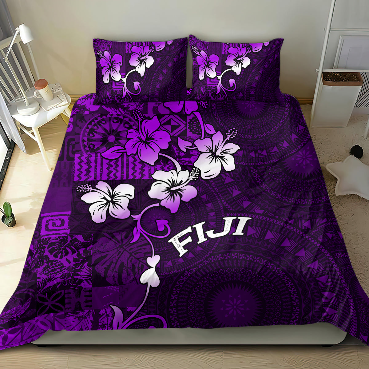 Fiji Masi Bedding Set Fijian Hibiscus Tapa Purple Version LT01 - Polynesian Pride