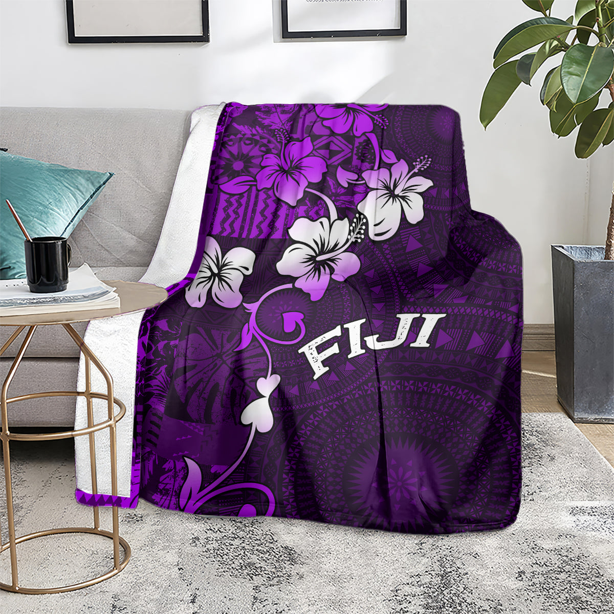 Fiji Masi Blanket Fijian Hibiscus Tapa Purple Version LT01 - Polynesian Pride