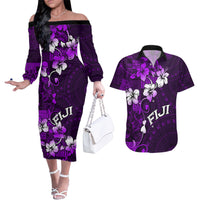 Fiji Masi Couples Matching Off The Shoulder Long Sleeve Dress and Hawaiian Shirt Fijian Hibiscus Tapa Purple Version LT01 Purple - Polynesian Pride