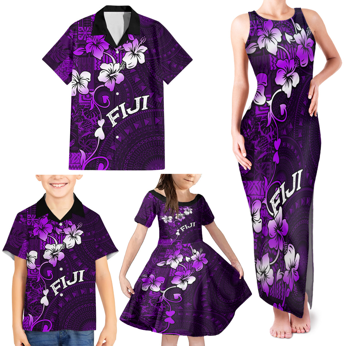 Fiji Masi Family Matching Tank Maxi Dress and Hawaiian Shirt Fijian Hibiscus Tapa Purple Version LT01 - Polynesian Pride