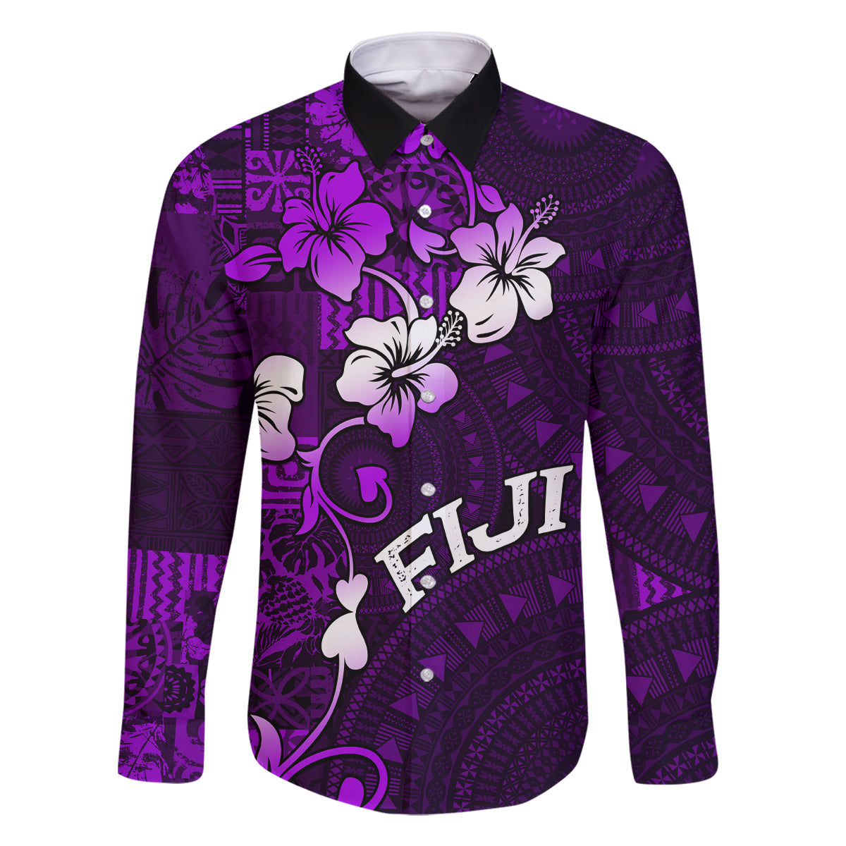 Fiji Masi Family Matching Tank Maxi Dress and Hawaiian Shirt Fijian Hibiscus Tapa Purple Version LT01 Dad's Shirt - Long Sleeve Purple - Polynesian Pride