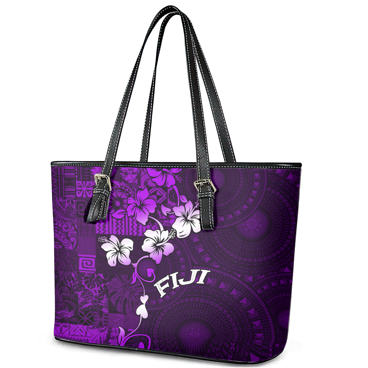 Fiji Masi Leather Tote Bag Fijian Hibiscus Tapa Purple Version LT01 - Polynesian Pride