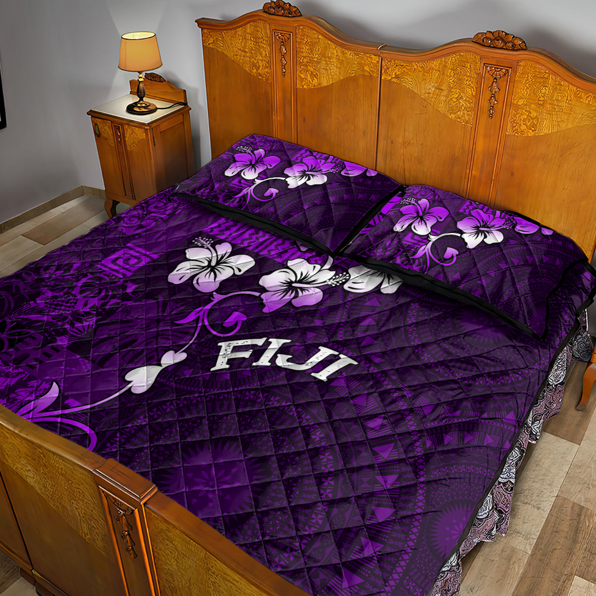 Fiji Masi Quilt Bed Set Fijian Hibiscus Tapa Purple Version LT01 - Polynesian Pride
