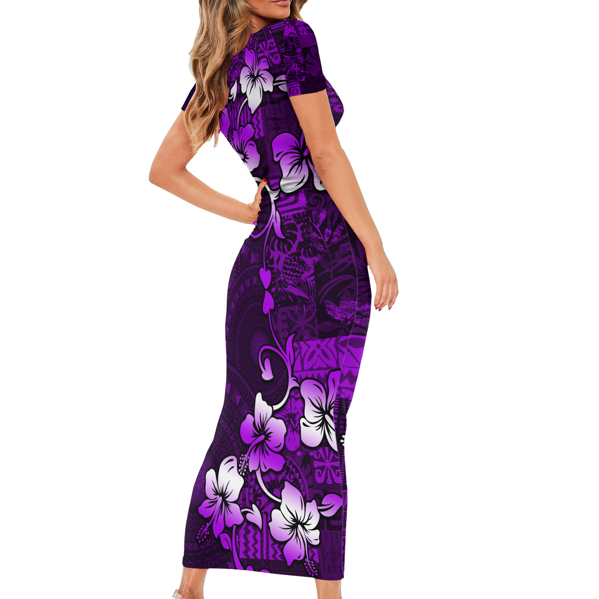 Fiji Masi Short Sleeve Bodycon Dress Fijian Hibiscus Tapa Purple Version LT01 - Polynesian Pride