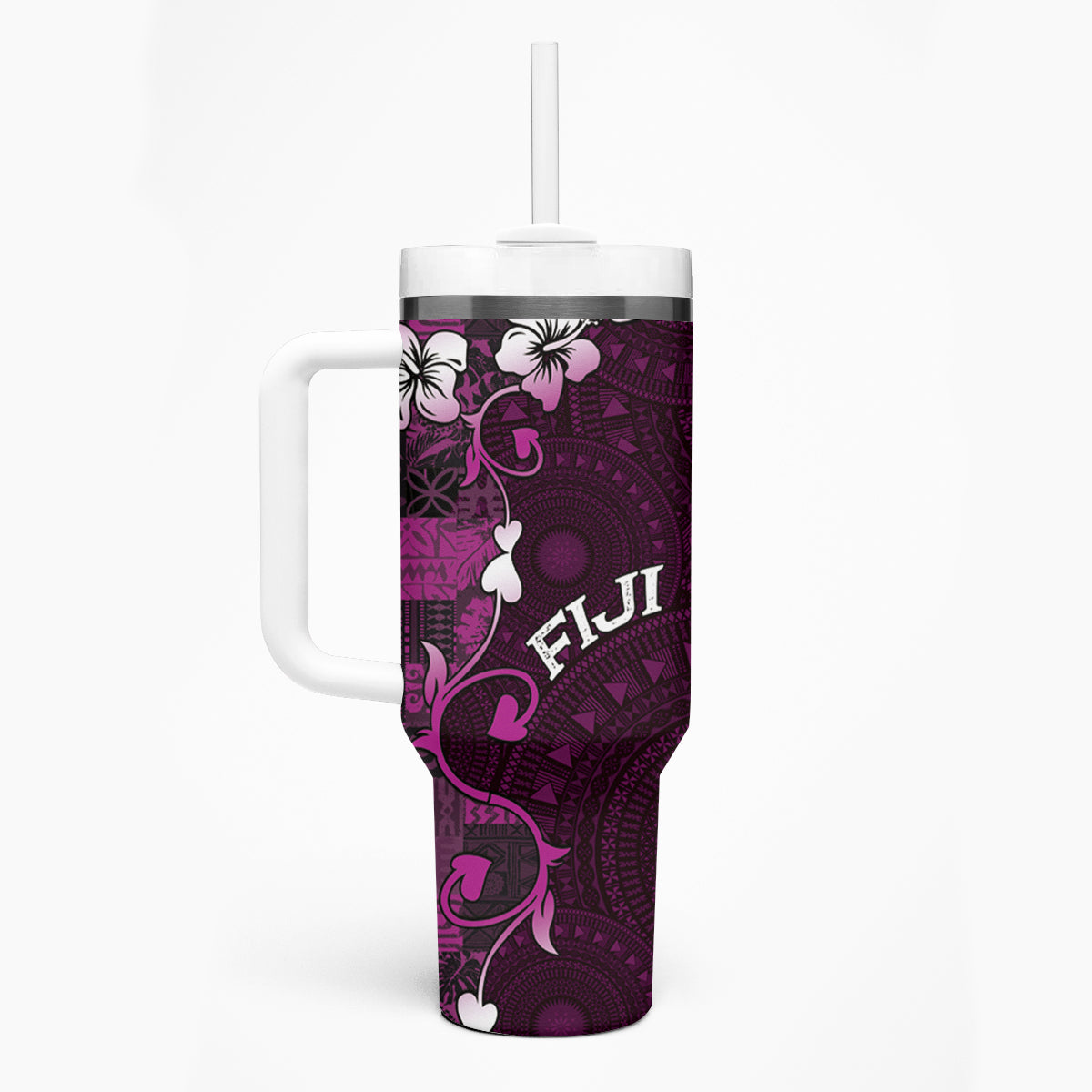 Fiji Masi Tumbler With Handle Fijian Hibiscus Tapa Purple Version