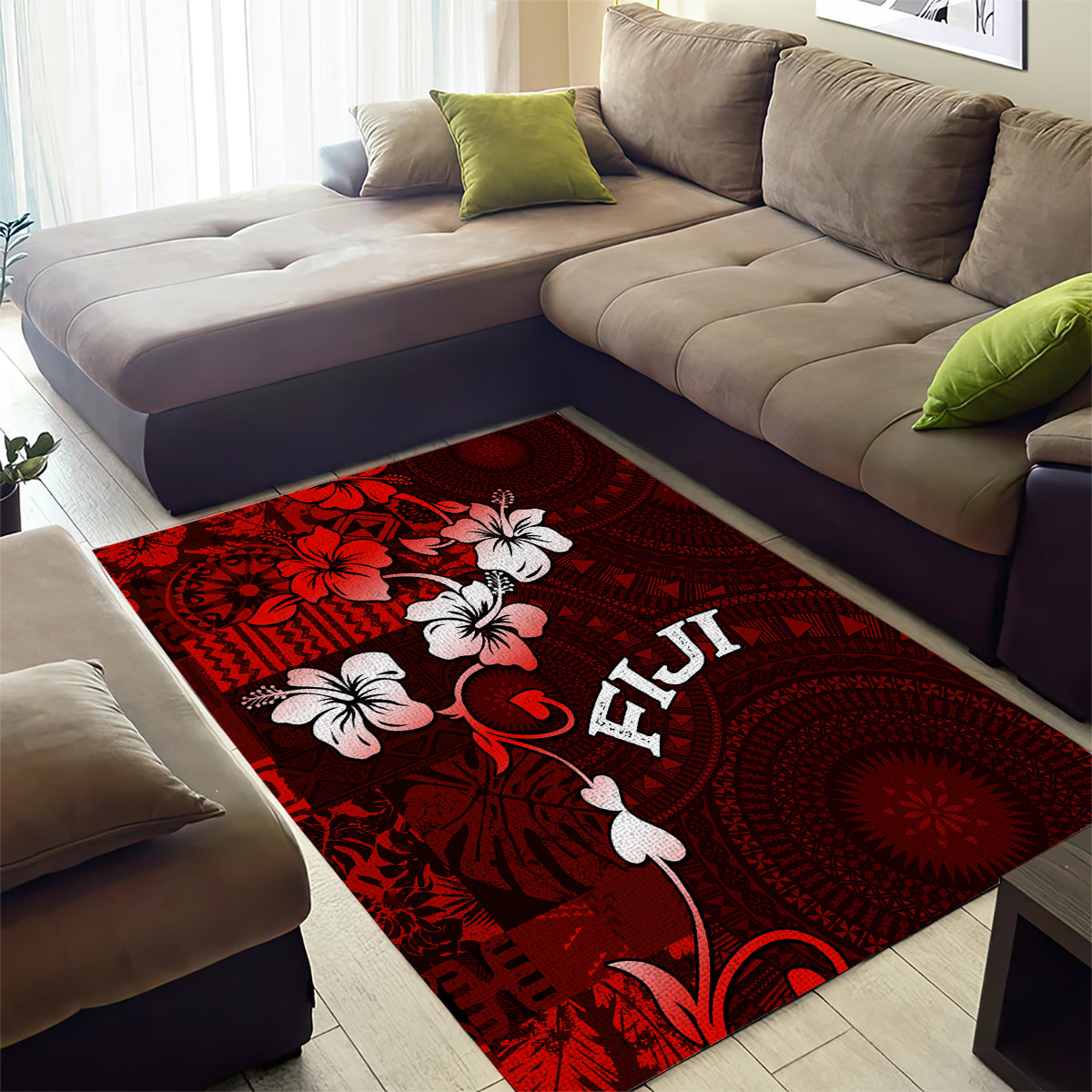 Fiji Masi Area Rug Fijian Hibiscus Tapa Red Version LT01 - Polynesian Pride