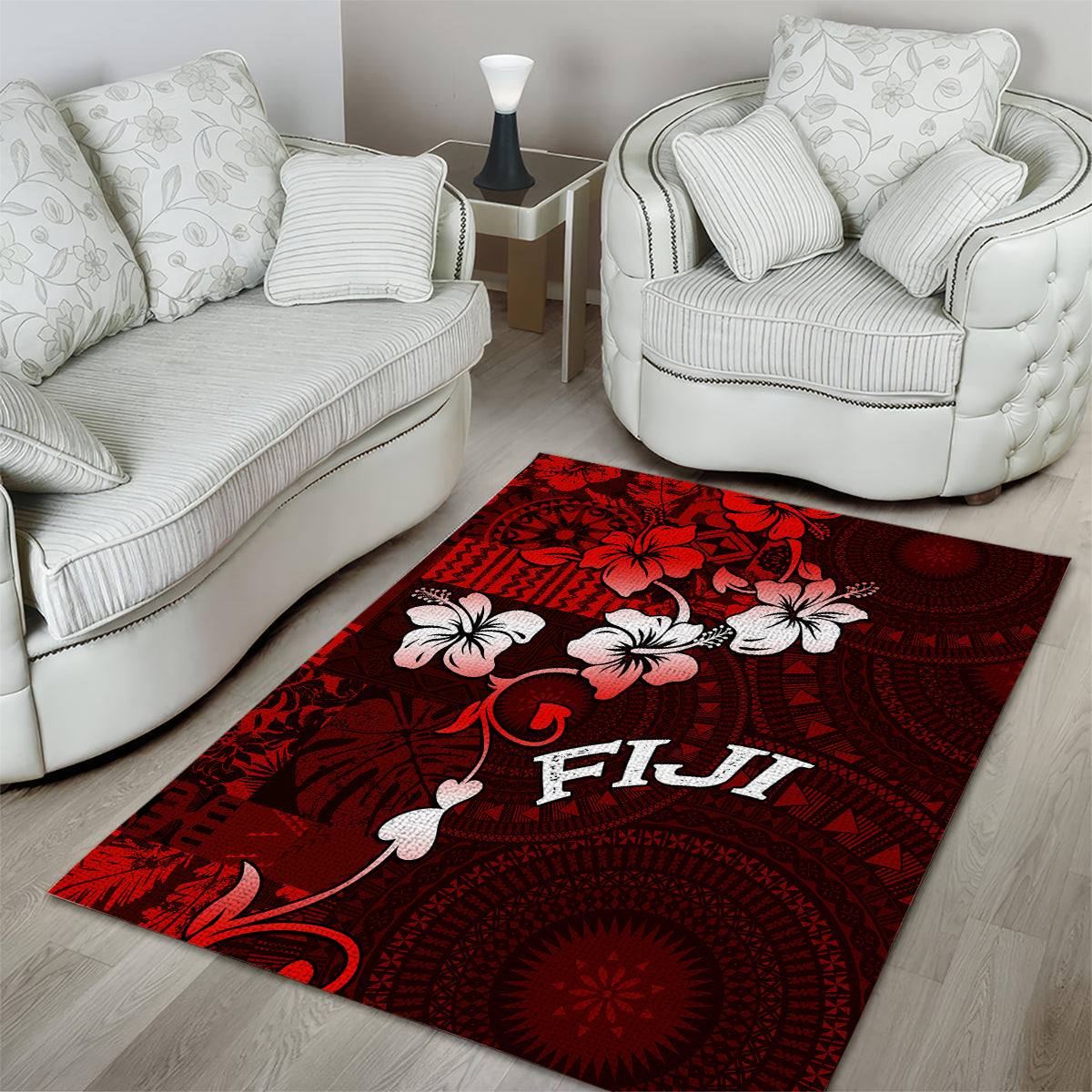 Fiji Masi Area Rug Fijian Hibiscus Tapa Red Version LT01 - Polynesian Pride