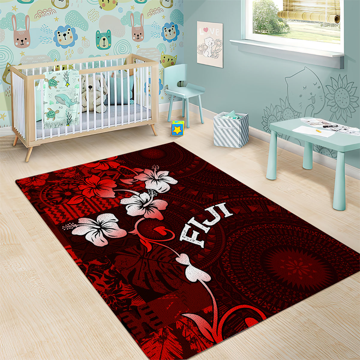 Fiji Masi Area Rug Fijian Hibiscus Tapa Red Version LT01 - Polynesian Pride