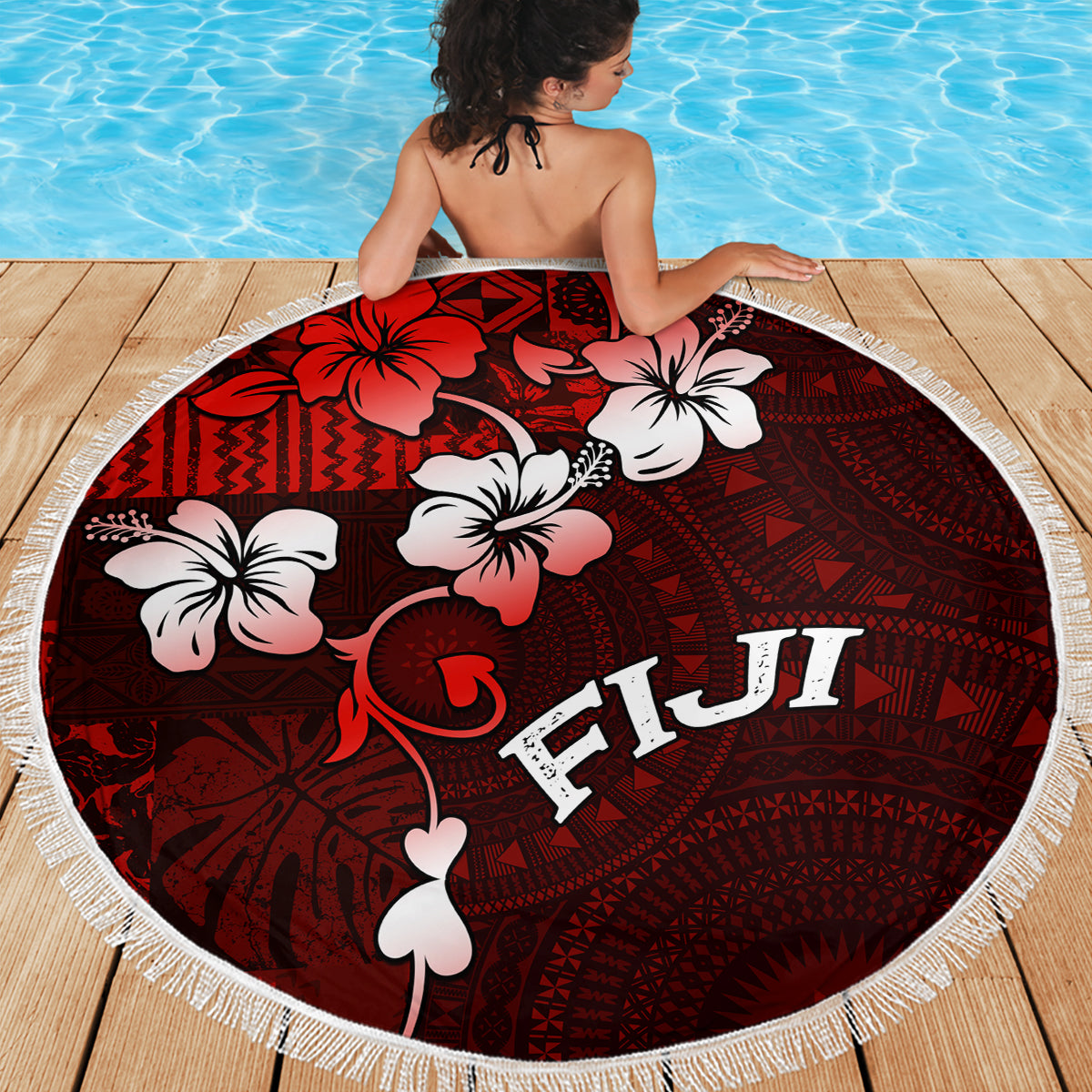 Fiji Masi Beach Blanket Fijian Hibiscus Tapa Red Version LT01 - Polynesian Pride