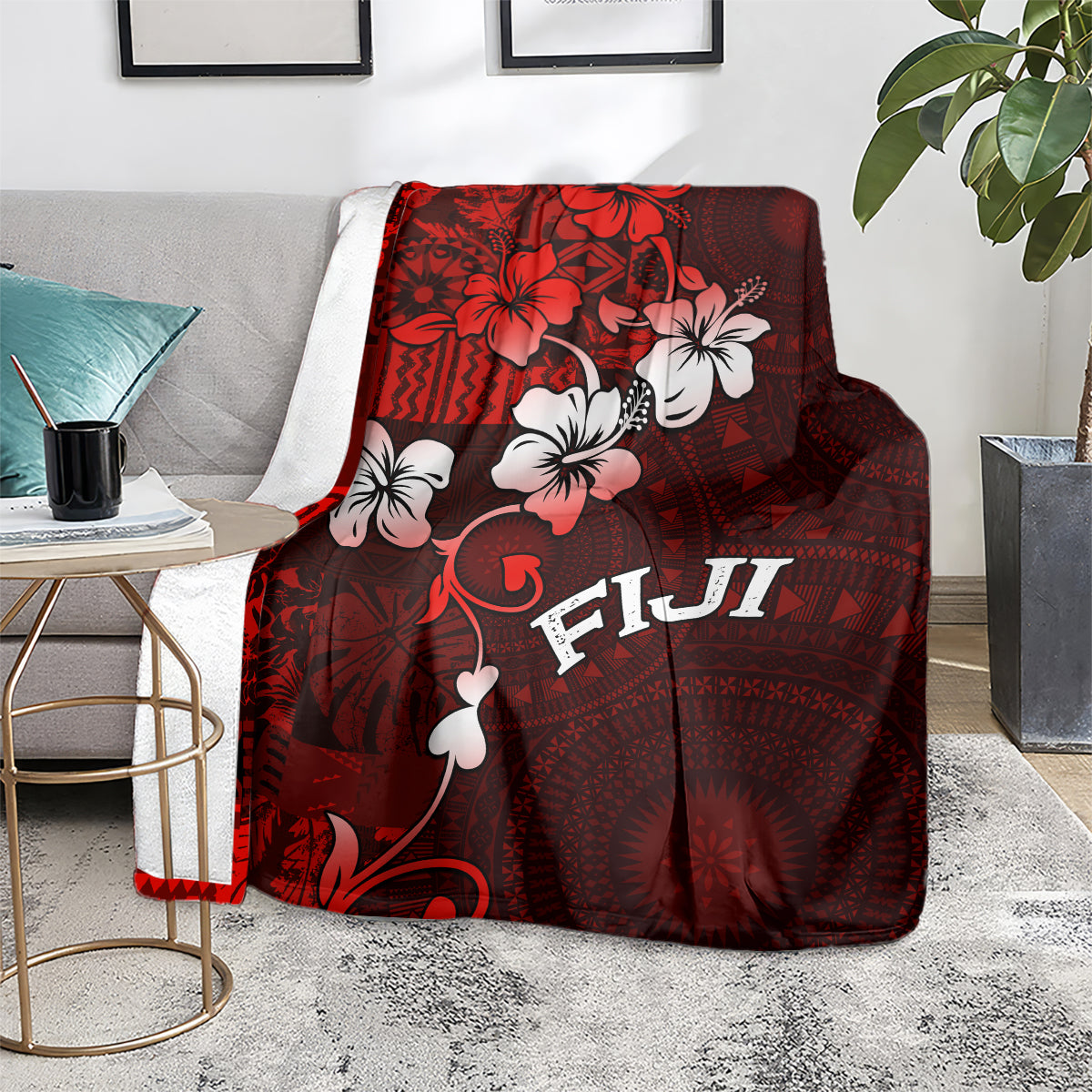Fiji Masi Blanket Fijian Hibiscus Tapa Red Version LT01 - Polynesian Pride