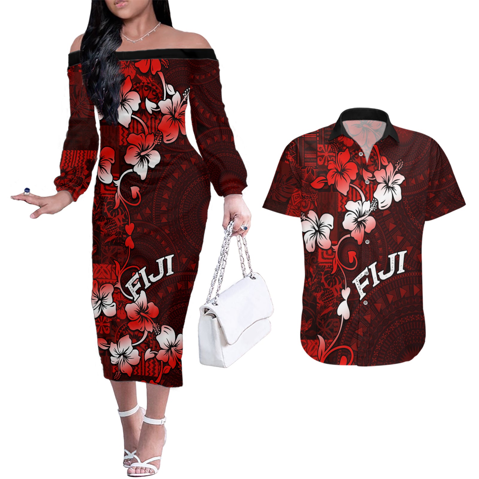 Fiji Masi Couples Matching Off The Shoulder Long Sleeve Dress and Hawaiian Shirt Fijian Hibiscus Tapa Red Version LT01 Red - Polynesian Pride