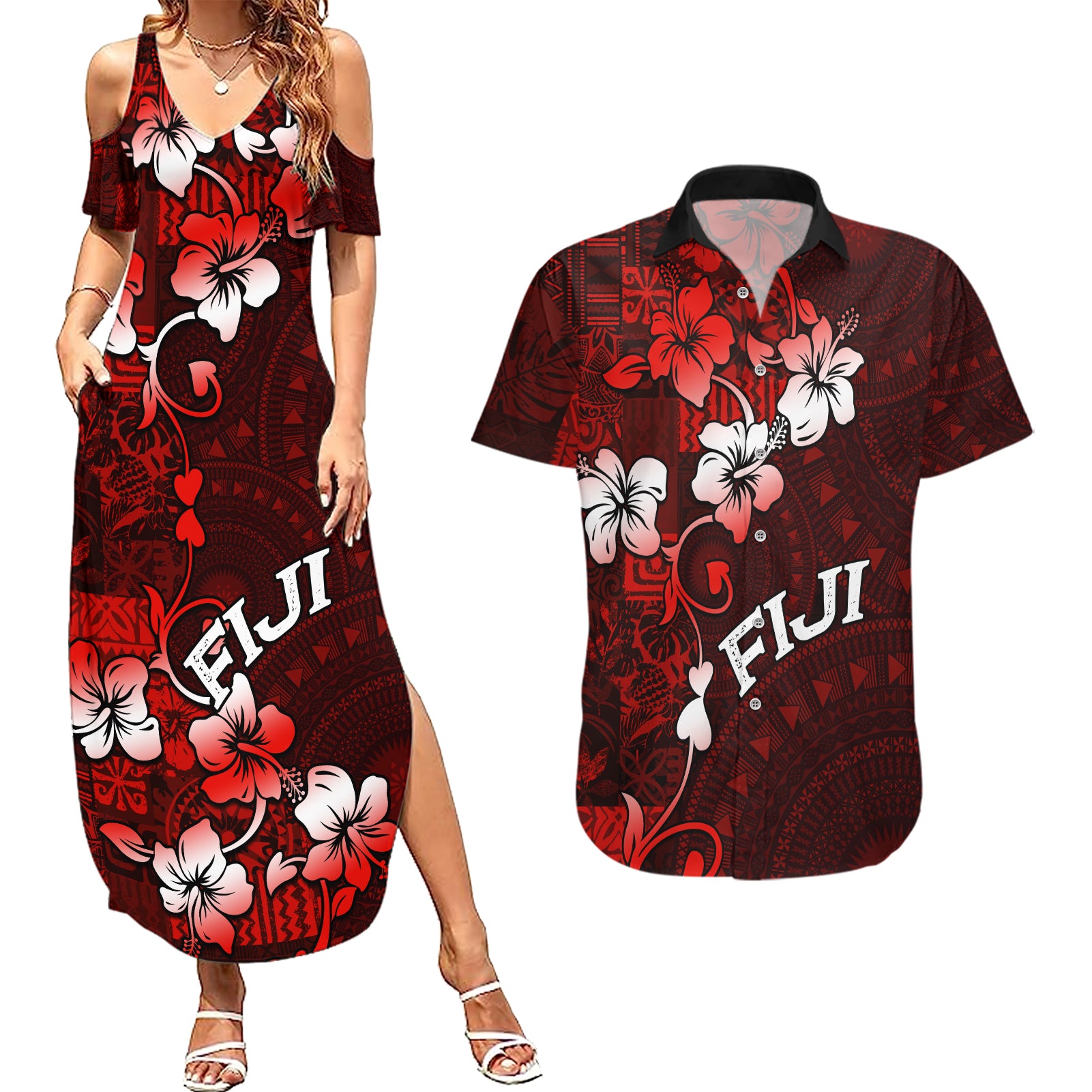 Fiji Masi Couples Matching Summer Maxi Dress and Hawaiian Shirt Fijian Hibiscus Tapa Red Version LT01 Red - Polynesian Pride