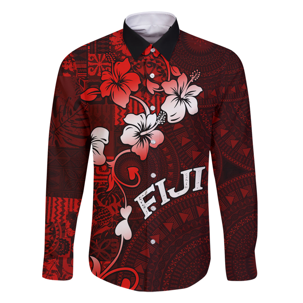 Fiji Masi Family Matching Mermaid Dress and Hawaiian Shirt Fijian Hibiscus Tapa Red Version LT01 Dad's Shirt - Long Sleeve Red - Polynesian Pride