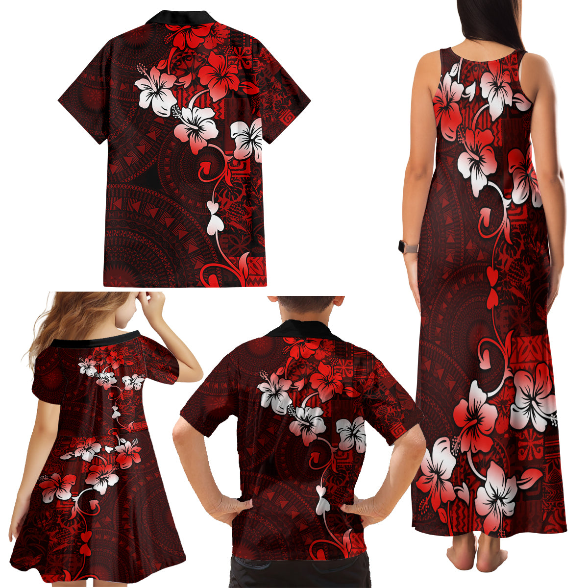 Fiji Masi Family Matching Tank Maxi Dress and Hawaiian Shirt Fijian Hibiscus Tapa Red Version LT01 - Polynesian Pride