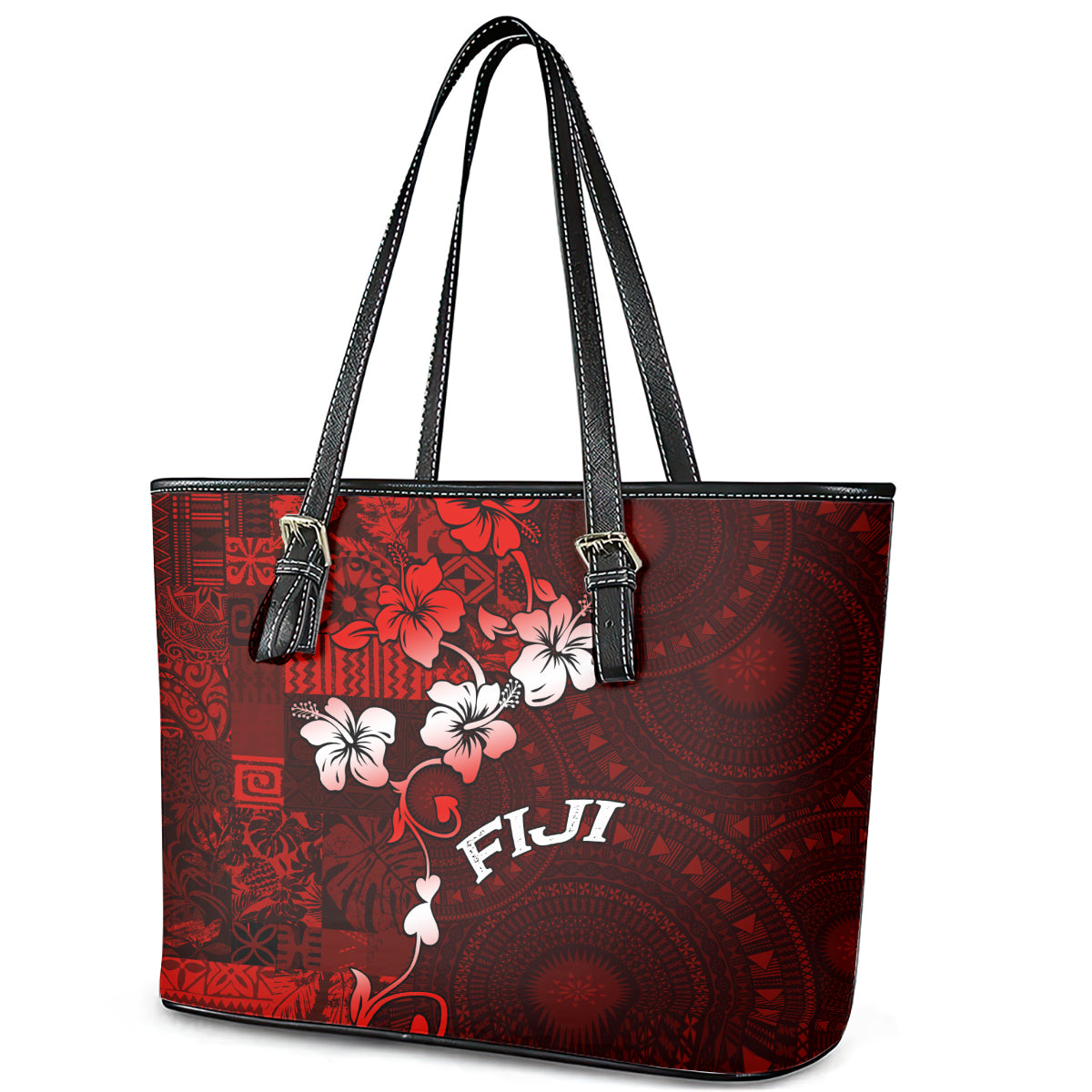Fiji Masi Leather Tote Bag Fijian Hibiscus Tapa Red Version LT01 - Polynesian Pride
