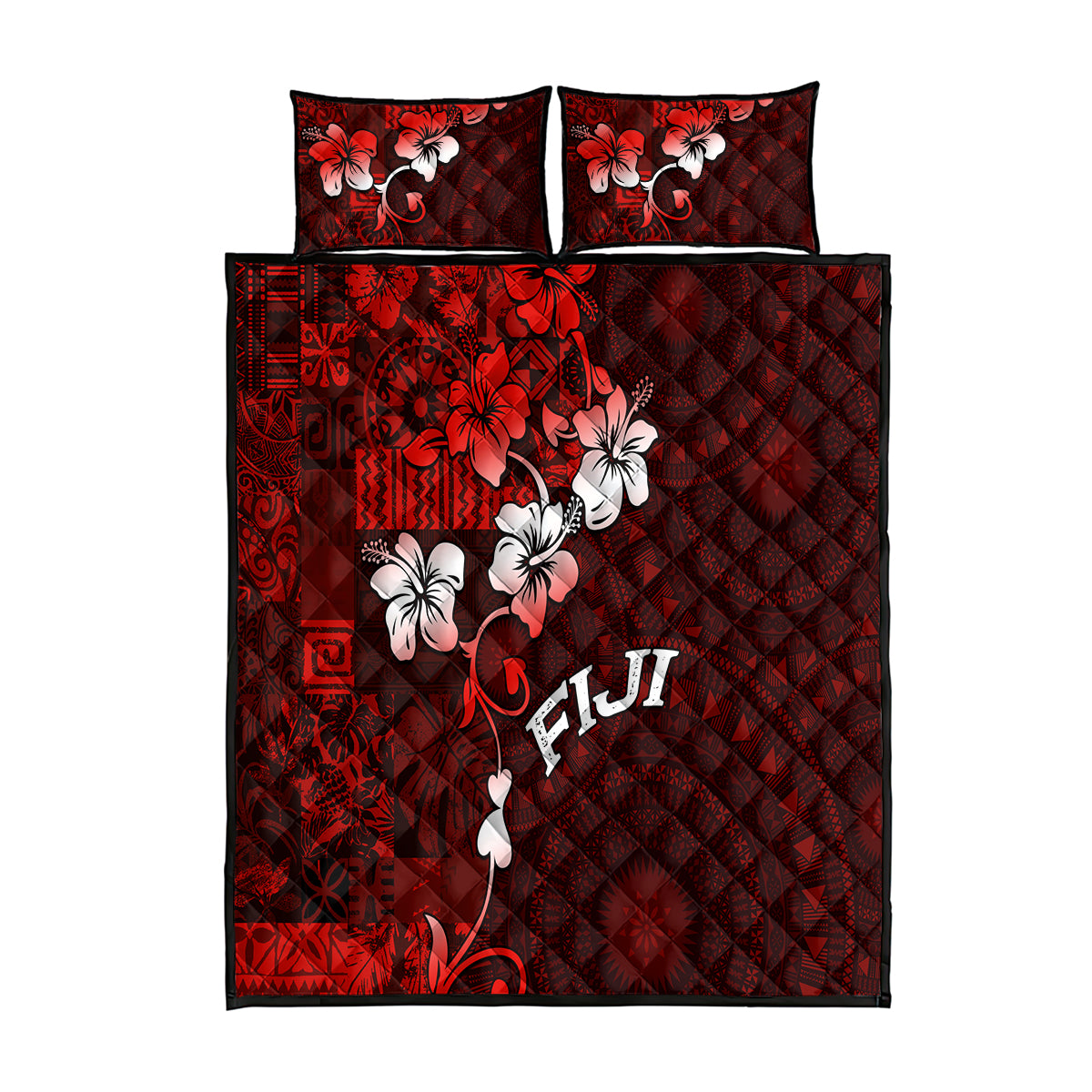 Fiji Masi Quilt Bed Set Fijian Hibiscus Tapa Red Version LT01 Red - Polynesian Pride