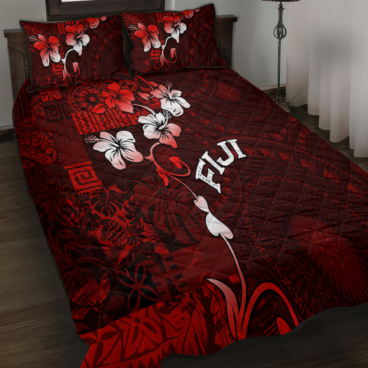 Fiji Masi Quilt Bed Set Fijian Hibiscus Tapa Red Version LT01 - Polynesian Pride