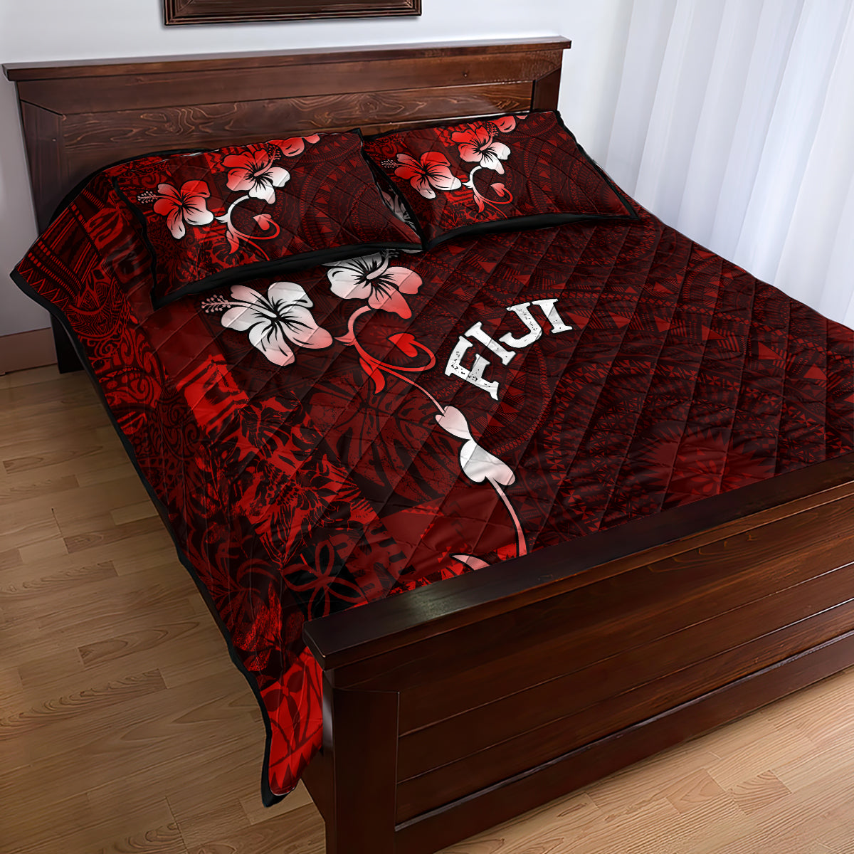 Fiji Masi Quilt Bed Set Fijian Hibiscus Tapa Red Version LT01 - Polynesian Pride