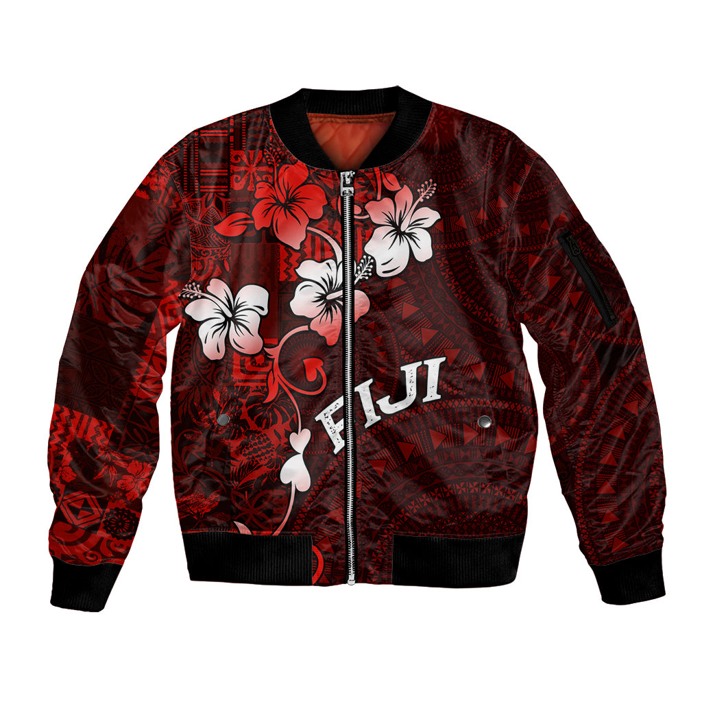 Fiji Masi Sleeve Zip Bomber Jacket Fijian Hibiscus Tapa Red Version LT01 Unisex Red - Polynesian Pride