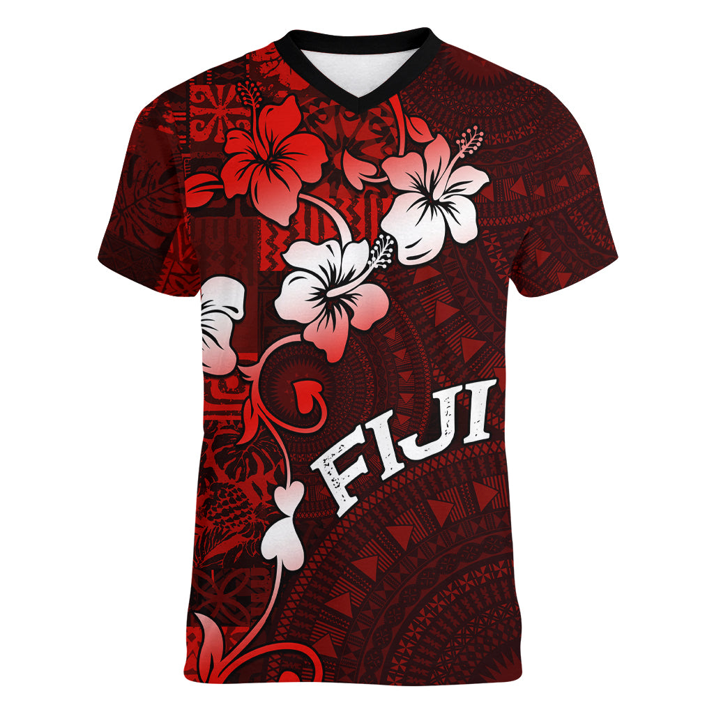 Fiji Masi Women V Neck T Shirt Fijian Hibiscus Tapa Red Version LT01 Female Red - Polynesian Pride