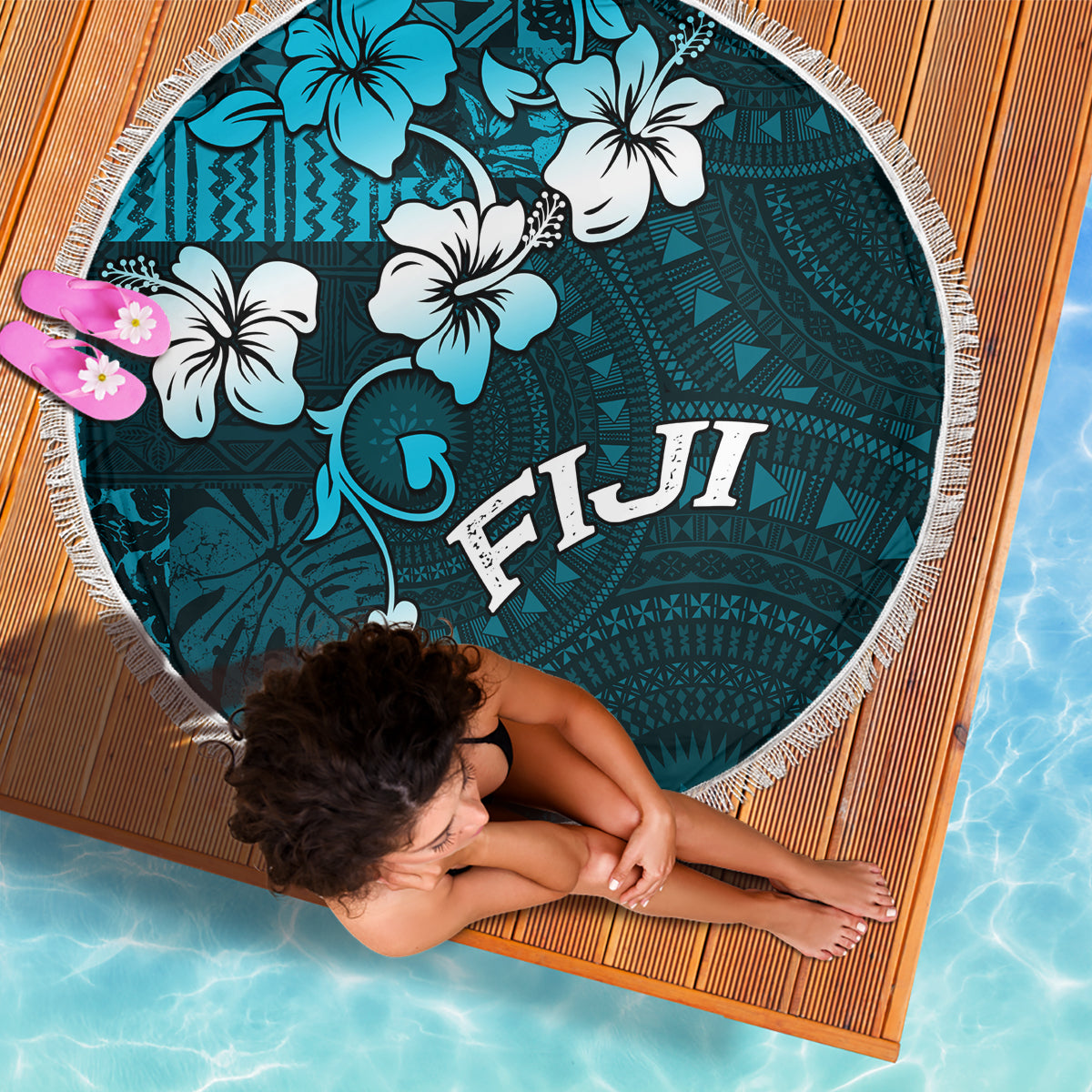 Fiji Masi Beach Blanket Fijian Hibiscus Tapa Sky Blue Version LT01 - Polynesian Pride