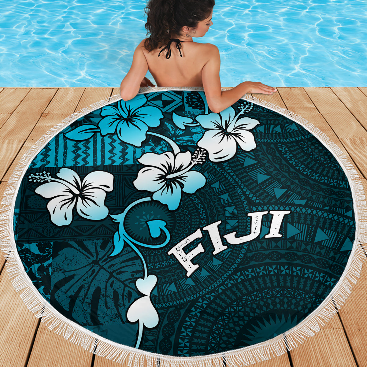 Fiji Masi Beach Blanket Fijian Hibiscus Tapa Sky Blue Version LT01 - Polynesian Pride