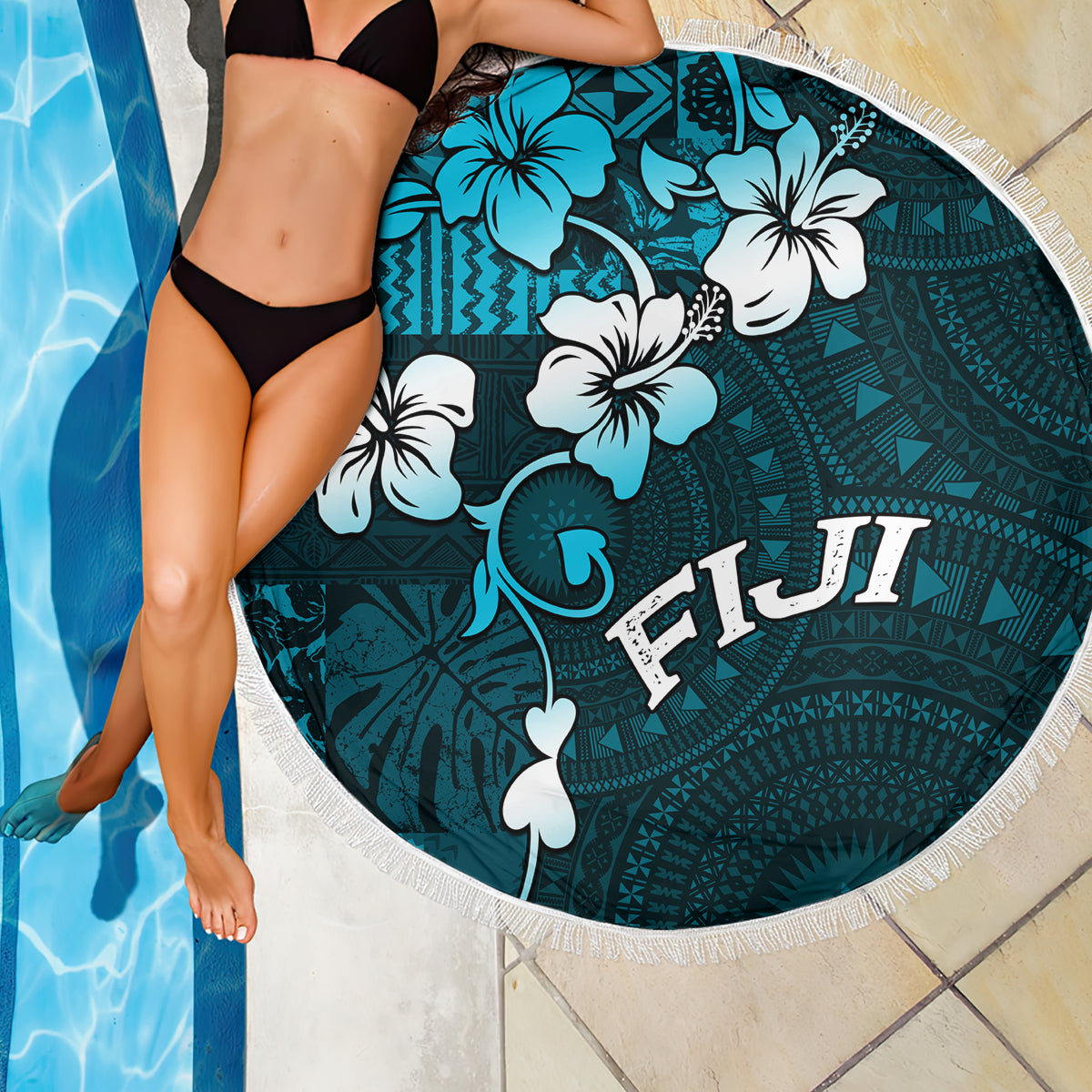 Fiji Masi Beach Blanket Fijian Hibiscus Tapa Sky Blue Version LT01 - Polynesian Pride
