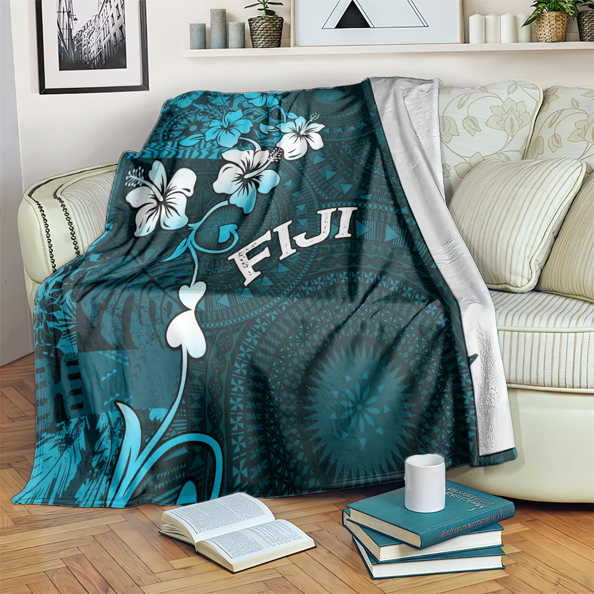Fiji Masi Blanket Fijian Hibiscus Tapa Sky Blue Version LT01 - Polynesian Pride
