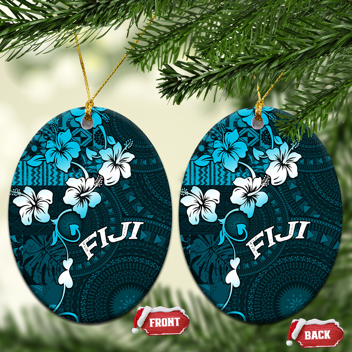 Fiji Masi Ceramic Ornament Fijian Hibiscus Tapa Sky Blue Version LT01 Oval Blue - Polynesian Pride