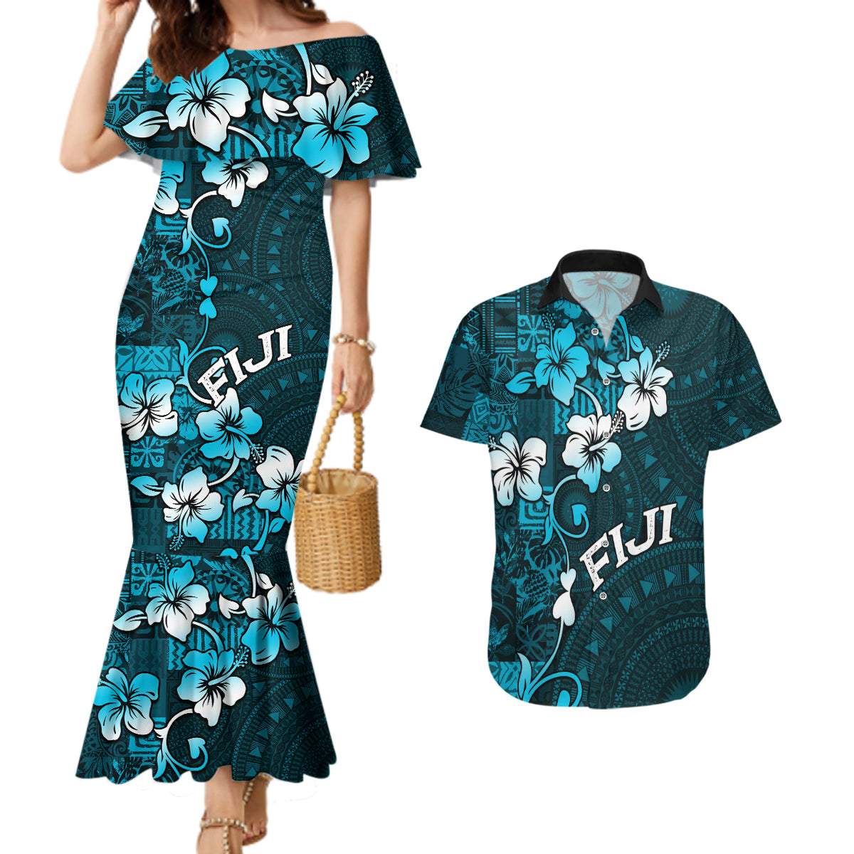 Fiji Masi Couples Matching Mermaid Dress and Hawaiian Shirt Fijian Hibiscus Tapa Sky Blue Version LT01 Blue - Polynesian Pride