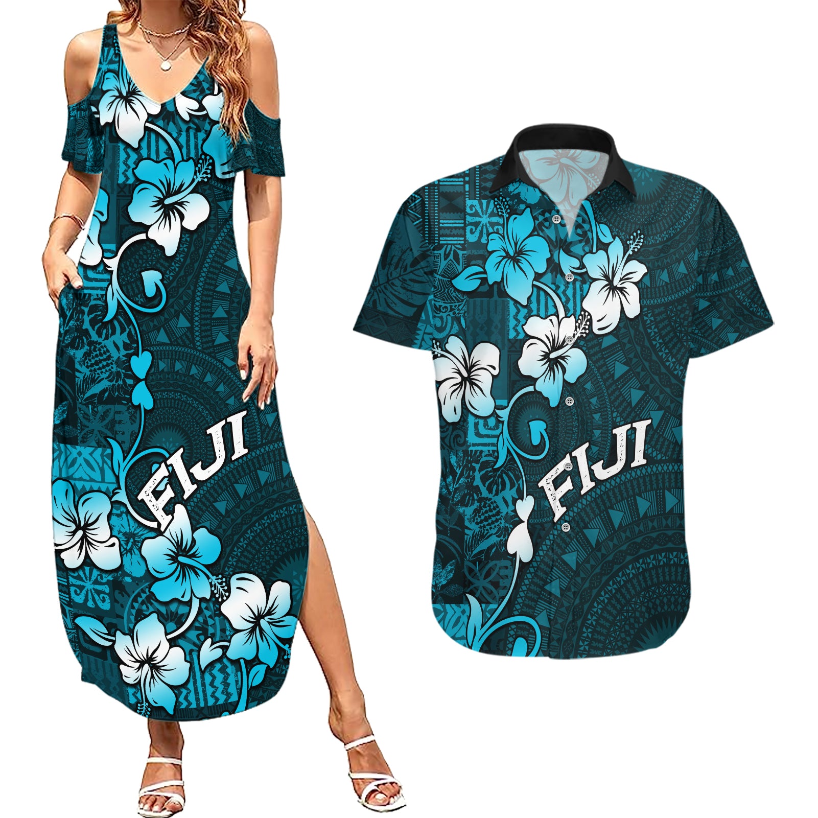Fiji Masi Couples Matching Summer Maxi Dress and Hawaiian Shirt Fijian Hibiscus Tapa Sky Blue Version LT01 Blue - Polynesian Pride