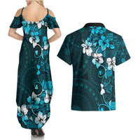 Fiji Masi Couples Matching Summer Maxi Dress and Hawaiian Shirt Fijian Hibiscus Tapa Sky Blue Version LT01 - Polynesian Pride