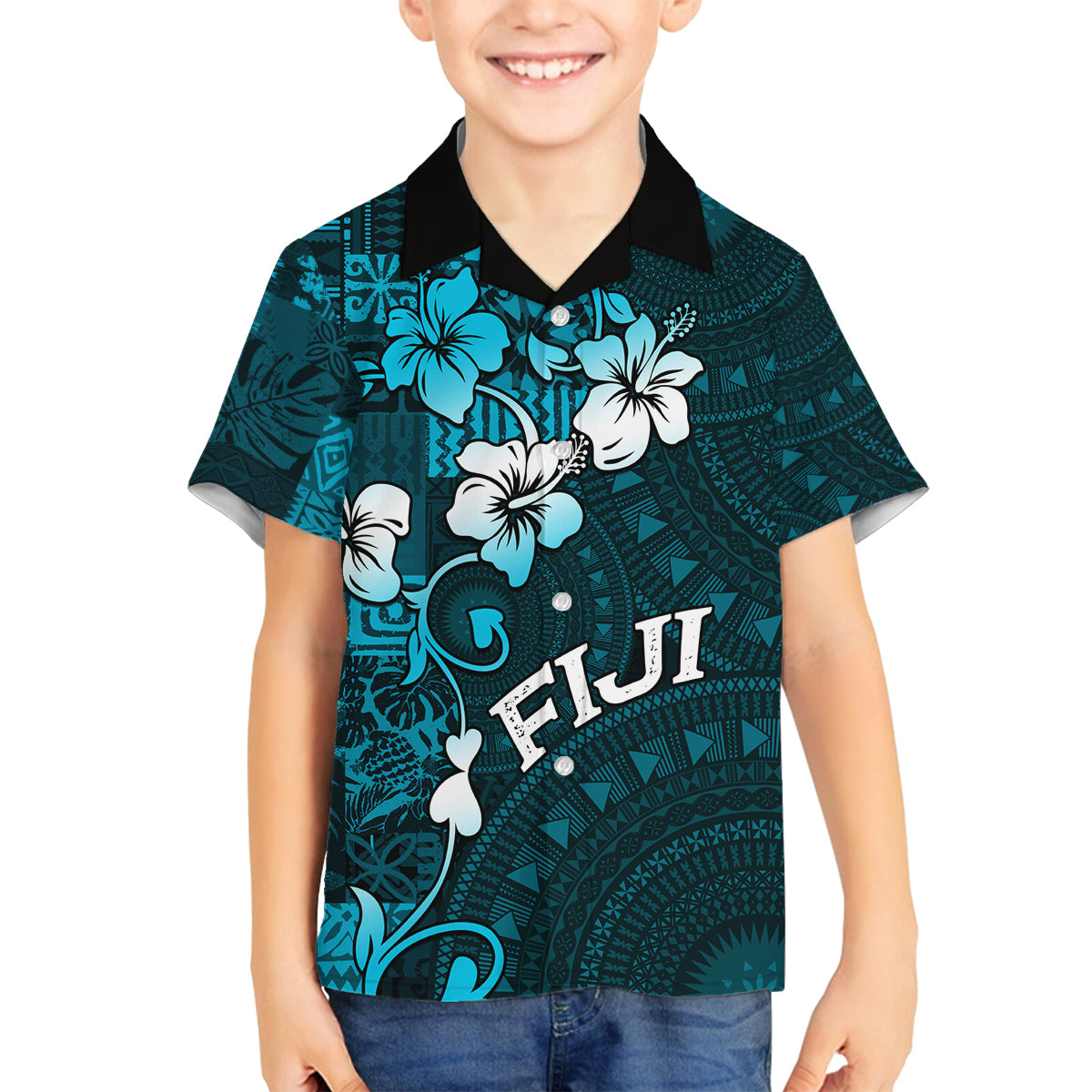 Fiji Masi Family Matching Long Sleeve Bodycon Dress and Hawaiian Shirt Fijian Hibiscus Tapa Sky Blue Version LT01 Son's Shirt Blue - Polynesian Pride