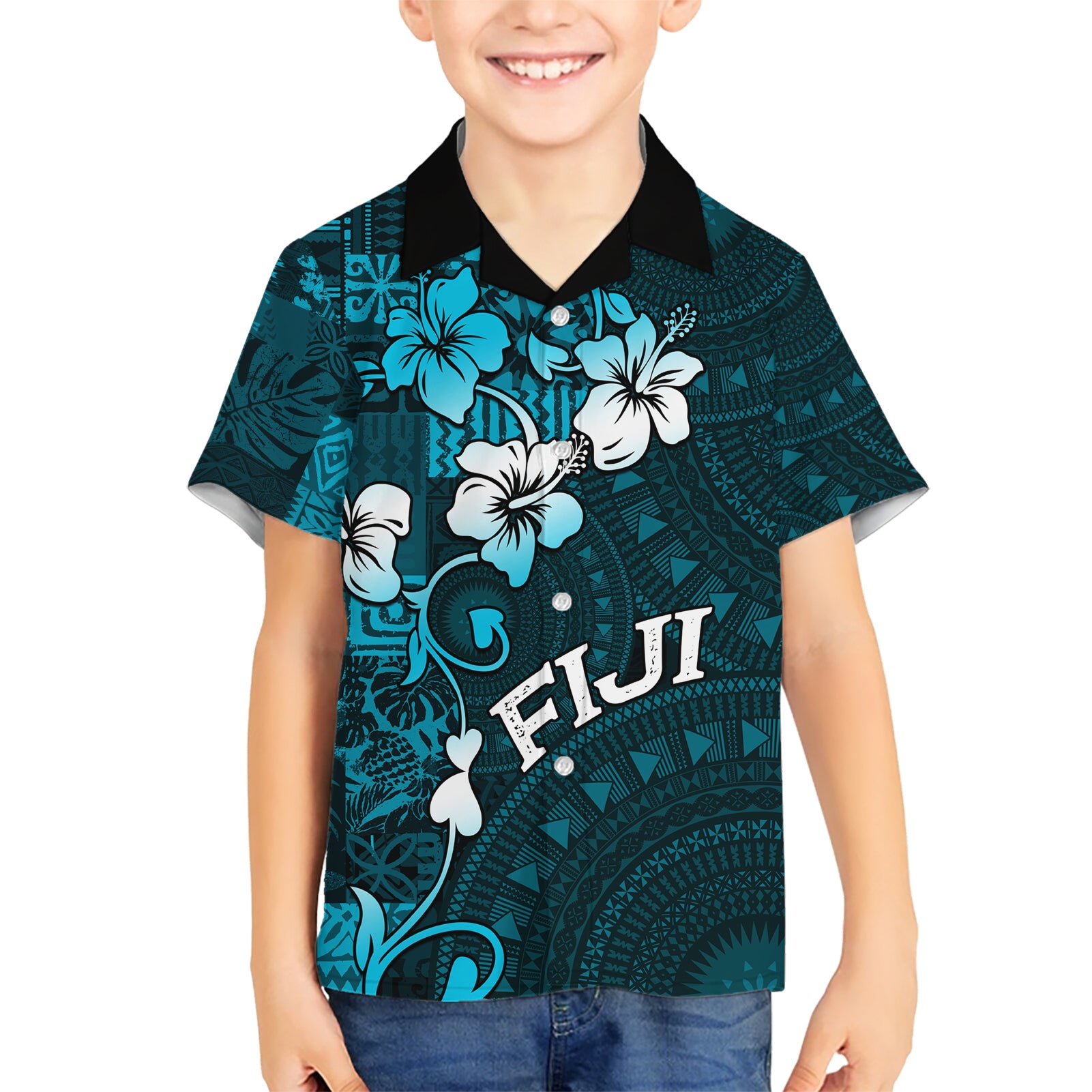 Fiji Masi Kid Hawaiian Shirt Fijian Hibiscus Tapa Sky Blue Version LT01 Kid Blue - Polynesian Pride