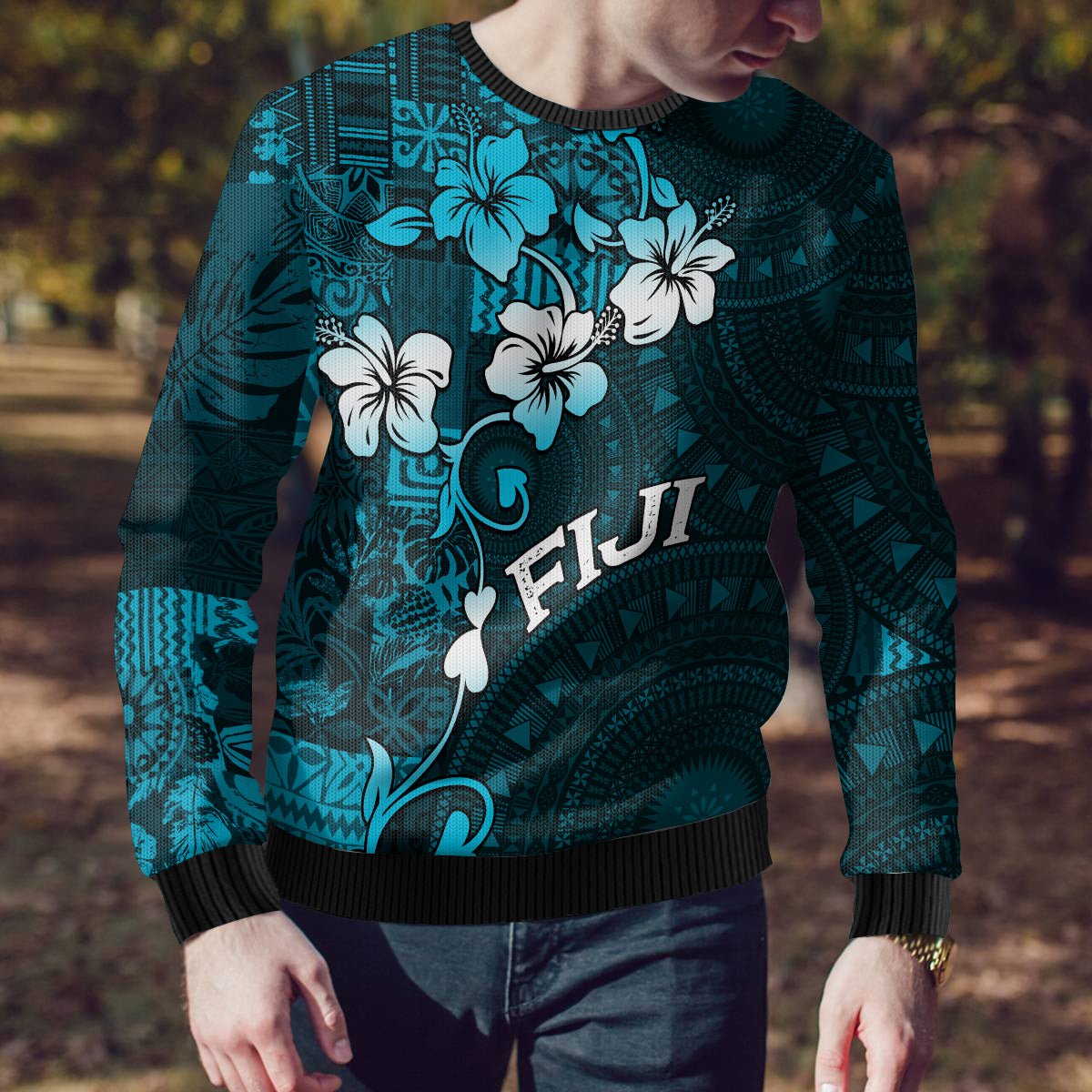Fiji Masi Ugly Christmas Sweater Fijian Hibiscus Tapa Sky Blue Version LT01 - Polynesian Pride