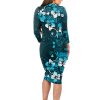 Fiji Masi Long Sleeve Bodycon Dress Fijian Hibiscus Tapa Sky Blue Version LT01 - Polynesian Pride