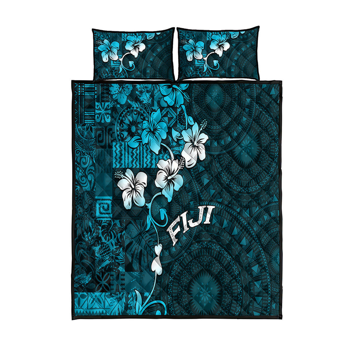 Fiji Masi Quilt Bed Set Fijian Hibiscus Tapa Sky Blue Version LT01 Blue - Polynesian Pride