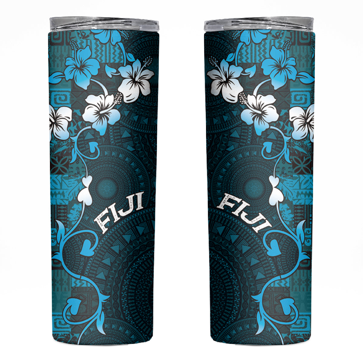 Fiji Masi Skinny Tumbler Fijian Hibiscus Tapa Sky Blue Version