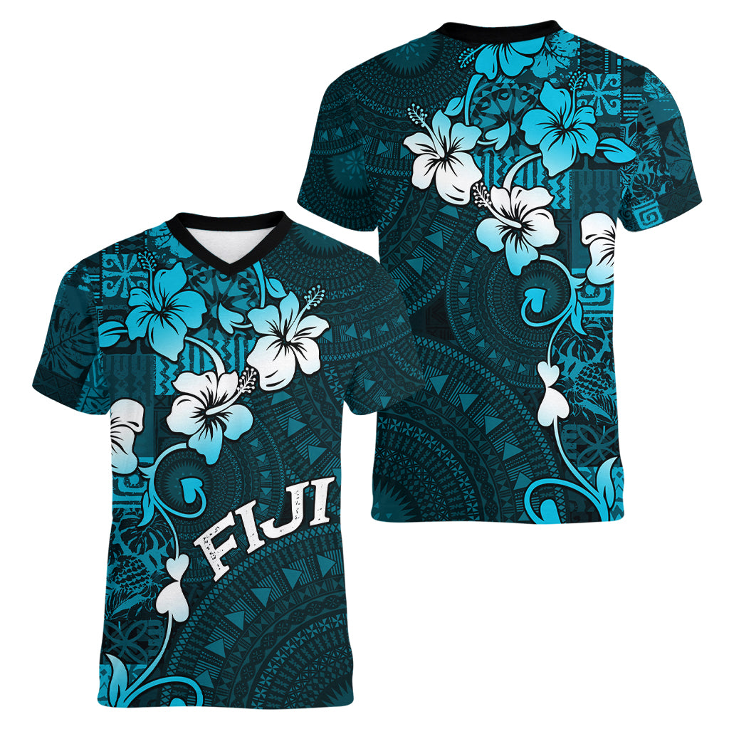 Fiji Masi Women V Neck T Shirt Fijian Hibiscus Tapa Sky Blue Version LT01 - Polynesian Pride