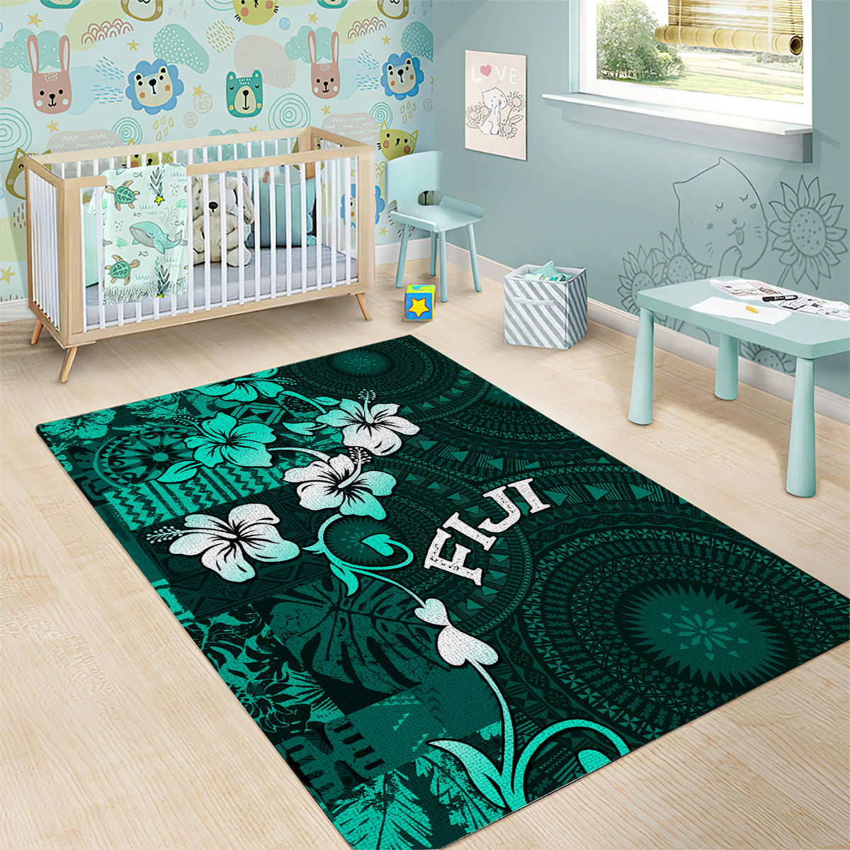 Fiji Masi Area Rug Fijian Hibiscus Tapa Turquoise Version LT01 - Polynesian Pride